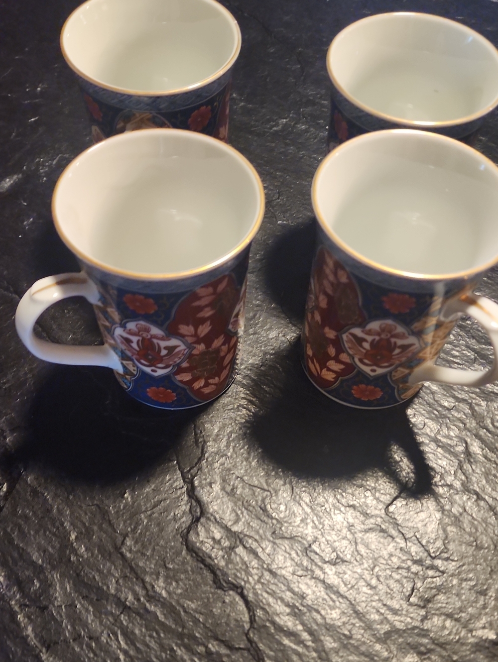 Blue and Brown Porcelain Mugs with Gold Rim - Set of 4